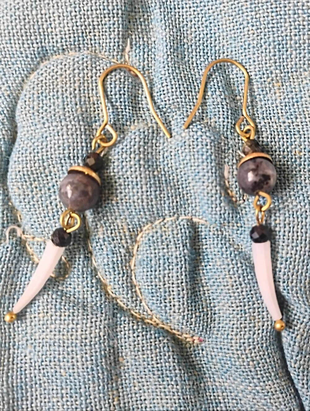 Tiny Tusk Shell and Black Moonstone Earrings